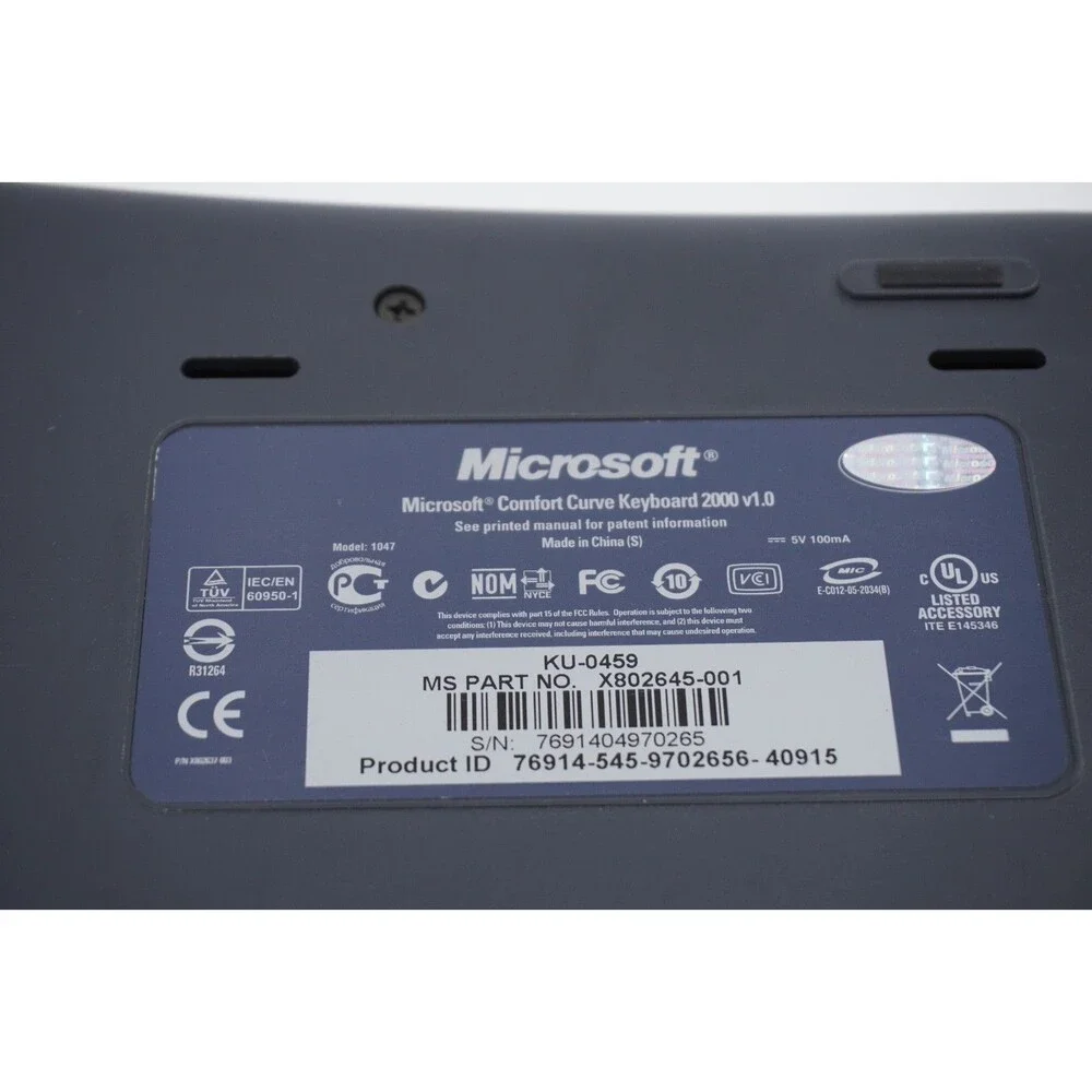 Microsoft Comfort Curve Keyboard 2000 v1.0 USB Wired Ergonomic KU-0459 Tested